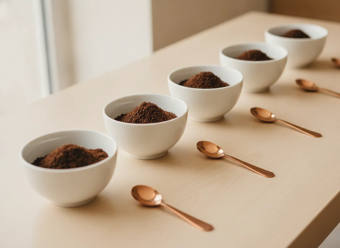 A cupping table set with bowls of ground coffee and cupping spoons