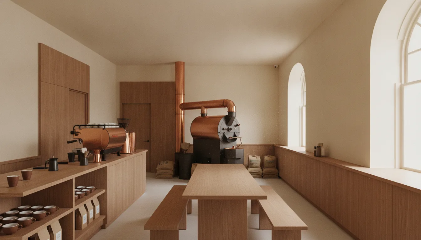 Interior of the First Crack roastery and cafe room with the roaster in the background