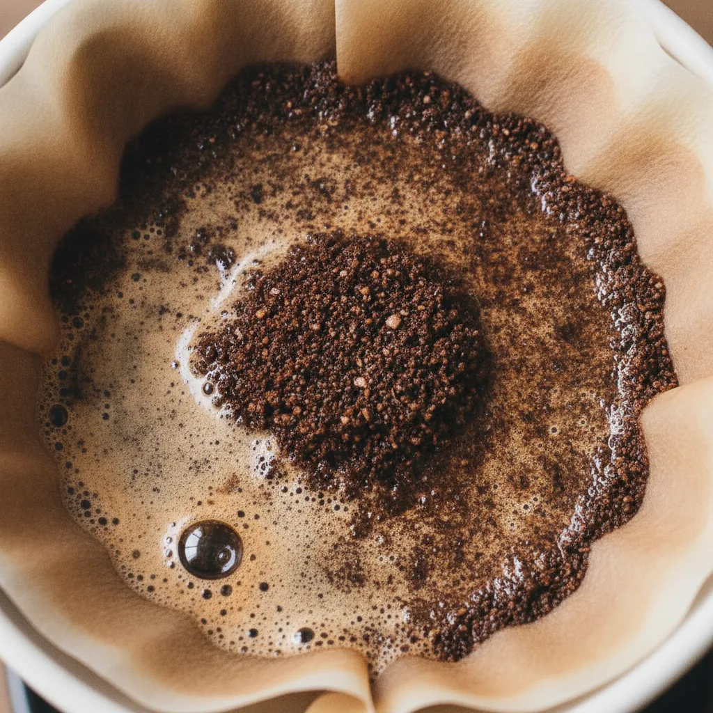 Top-down view of a pour-over coffee bloom, freshly ground coffee swelling as hot water is poured