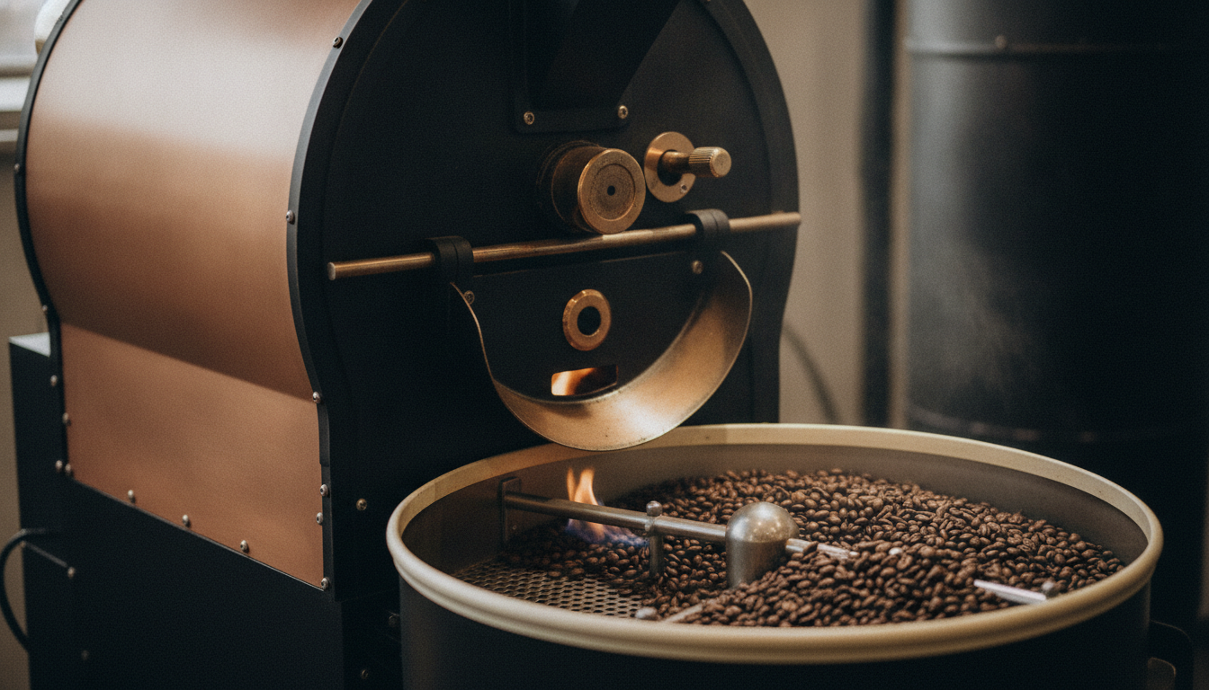A drum coffee roaster and cooling tray mid-roast in the roastery