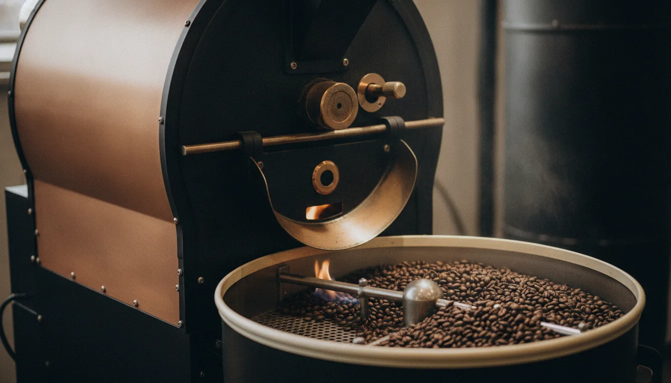 A drum coffee roaster and cooling tray mid-roast in the roastery