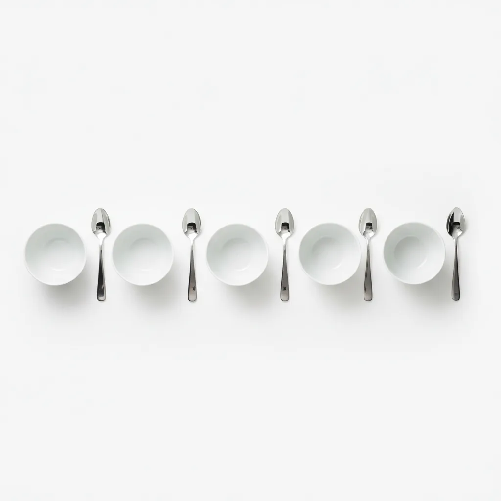 A row of white cupping bowls with steel spoons, aligned on a light grey studio floor, shot from overhead.