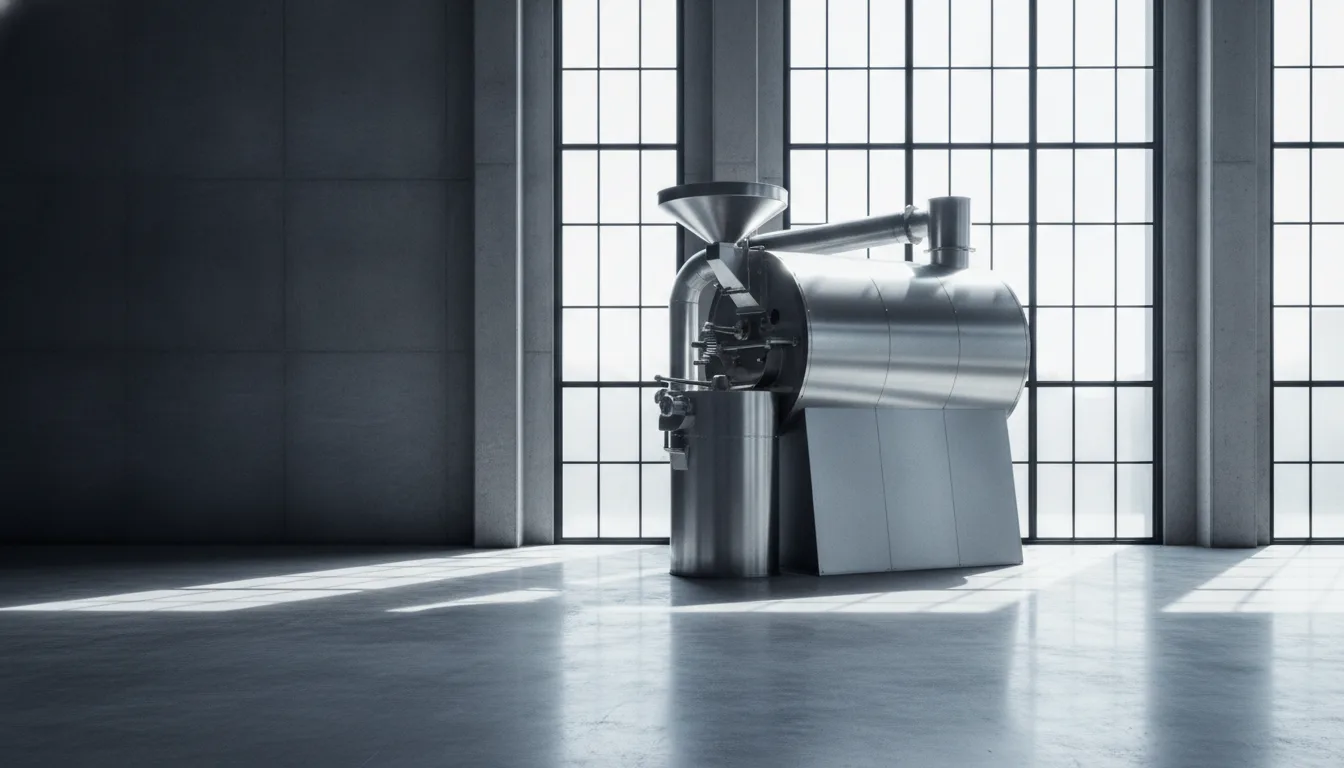 The roastery interior: a steel drum roaster on a bare concrete floor under tall industrial windows.