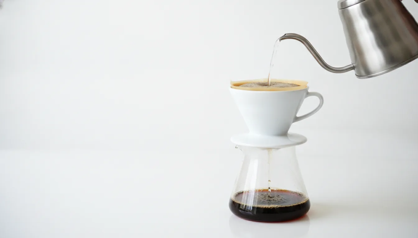 A gooseneck kettle pouring a thin column of water onto the coffee bed of a pour-over dripper.