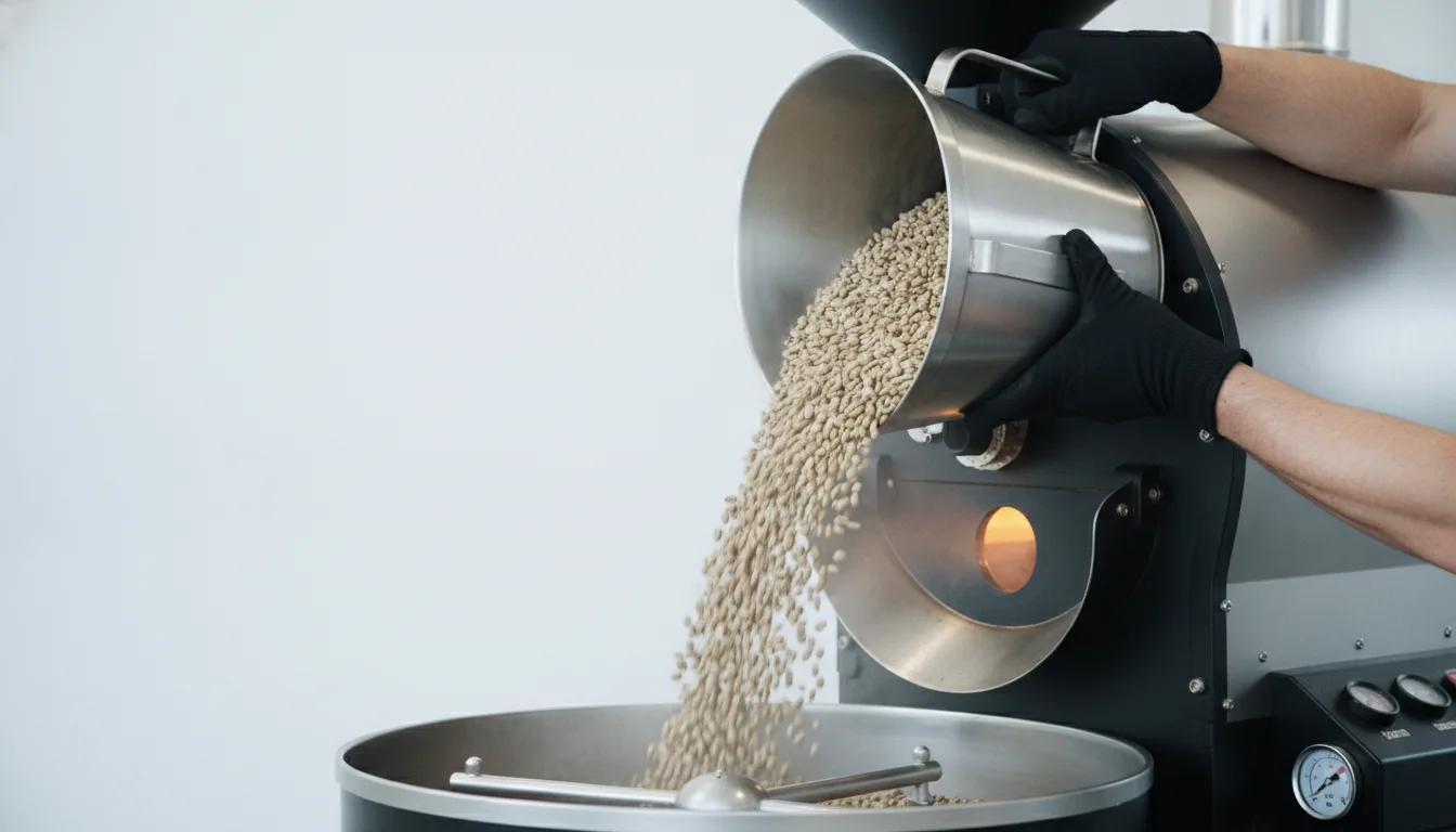 A steel hopper of green coffee tipping into the open mouth of a hot drum roaster, beans frozen mid-fall.