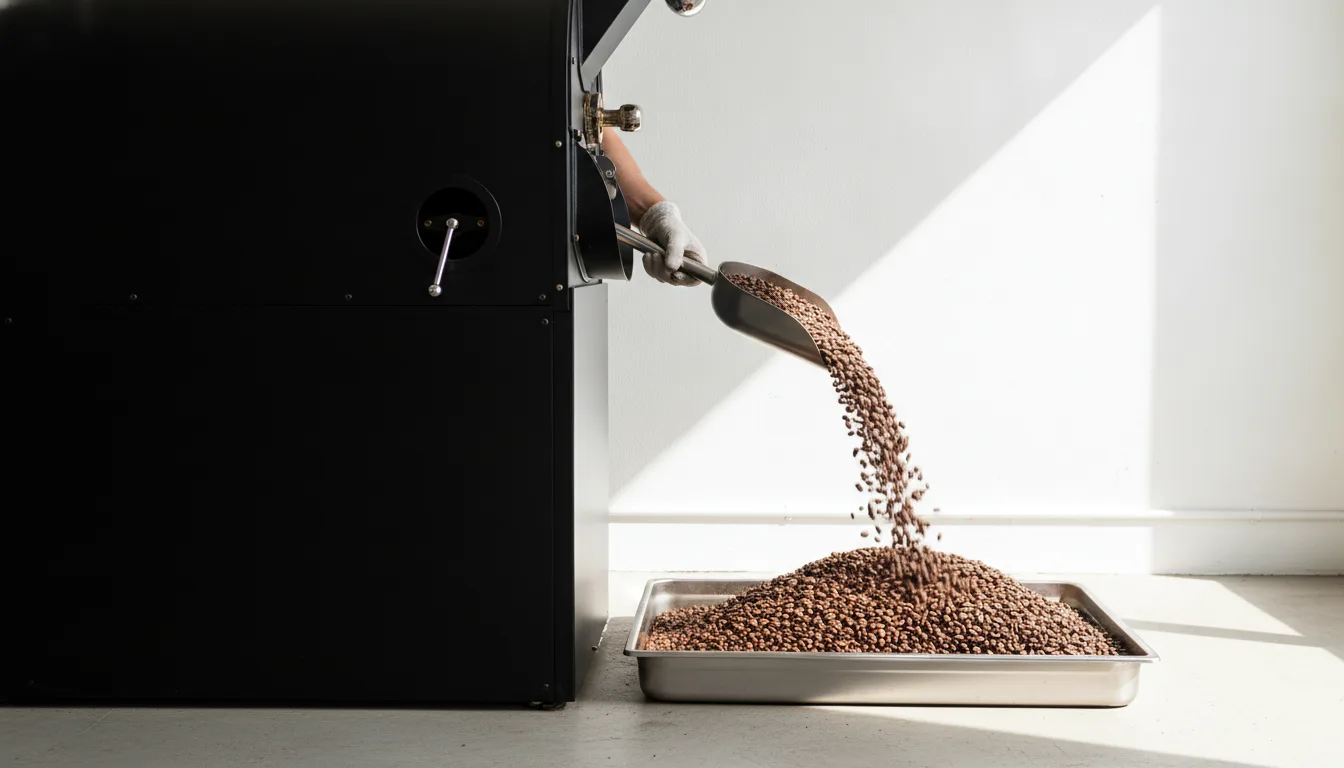 The trier pulled from a drum roaster, roasted beans cascading off the steel scoop.
