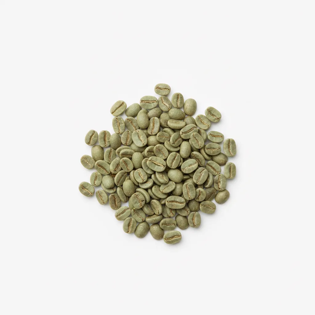 A handful of raw green coffee beans scattered on a light grey studio floor.