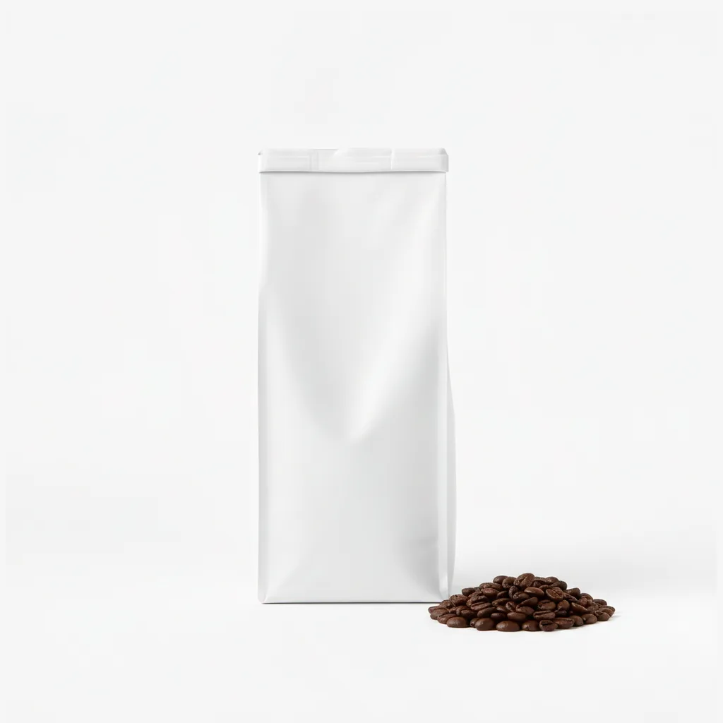 A sealed white coffee bag beside a scatter of dark, oily dark-roast beans on a light grey studio floor.
