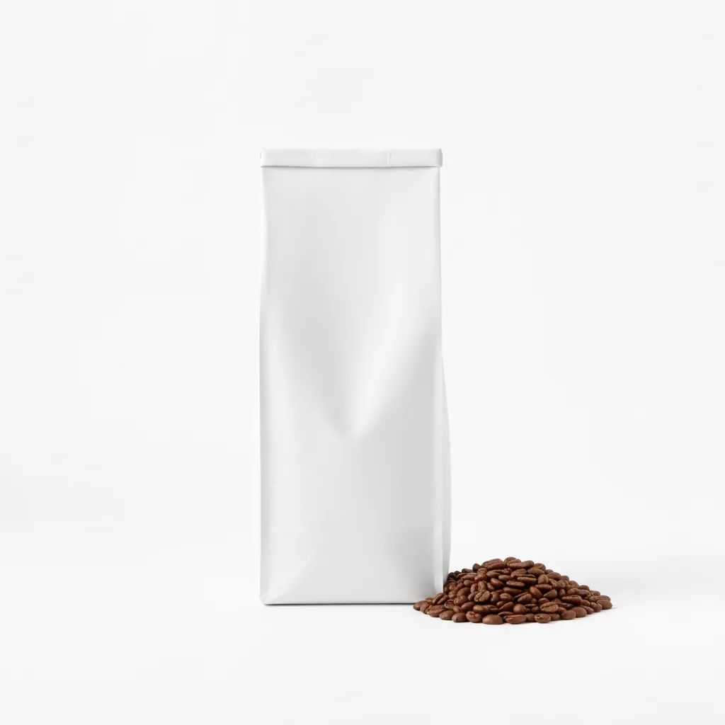 A sealed white coffee bag beside a scatter of mid-brown medium-roast beans on a light grey studio floor.