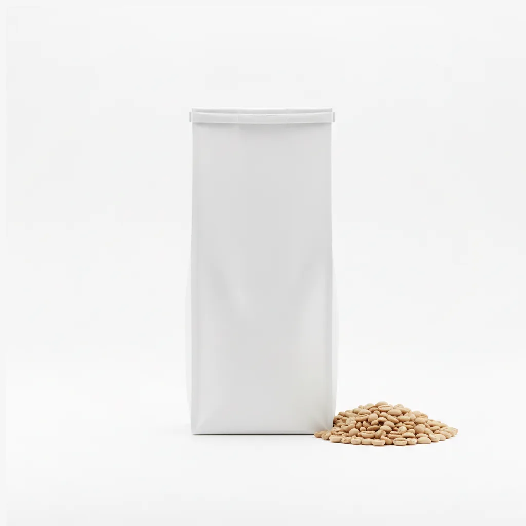 A sealed white coffee bag beside a scatter of pale light-roast beans on a light grey studio floor.