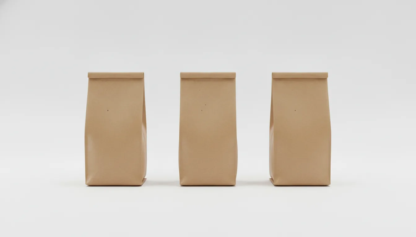 Three plain labeled retail coffee bags standing in an evenly spaced row on a light seamless background, shot straight-on like a shelf plate