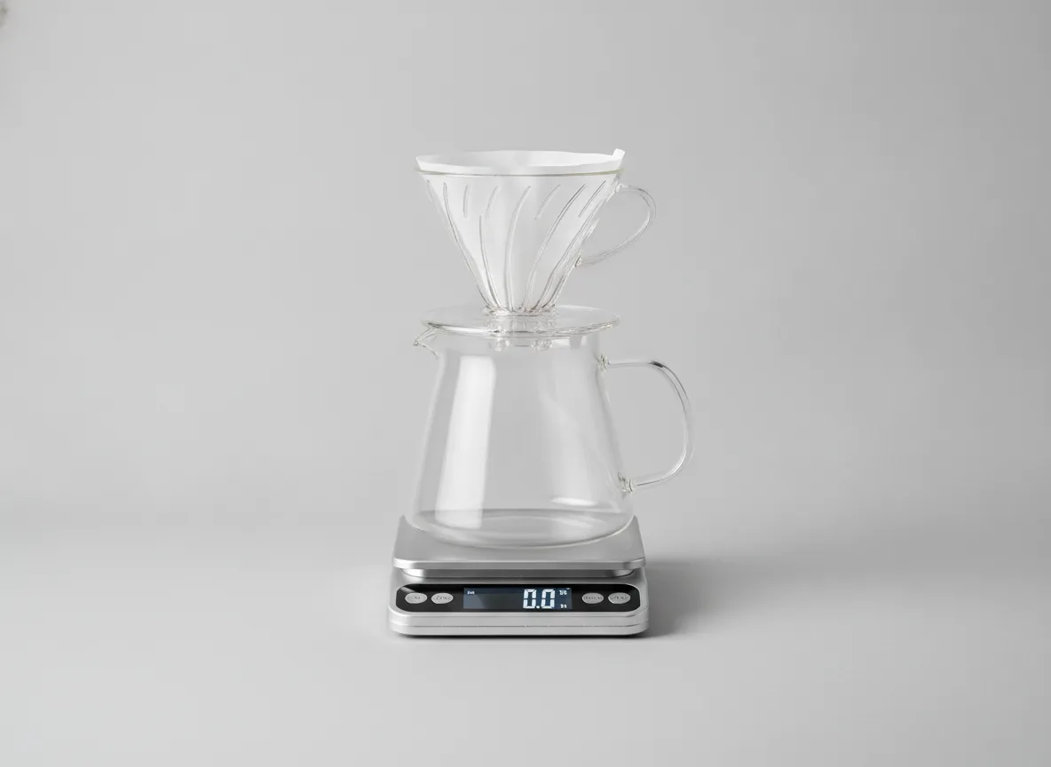 A pour-over kit — dripper, glass server, and scale — arranged square-on on a light seamless background in product-catalogue style