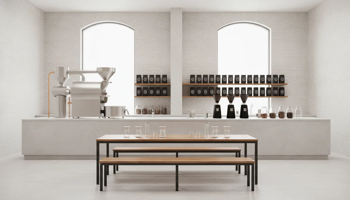 The roastery counter photographed straight-on in bright even light, architectural and high-key, with no people present