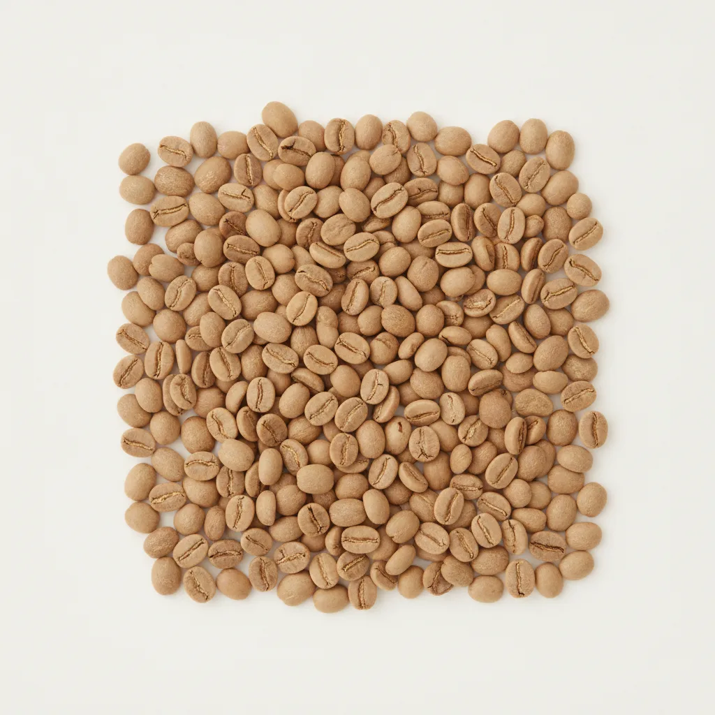 Top-down specimen shot of light-roast Yirgacheffe coffee beans on a neutral seamless background, bright even light, true high-key color