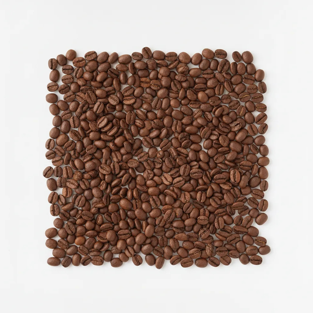Top-down specimen shot of medium-roast San Agustin coffee beans on a neutral seamless background, bright even light, true high-key color