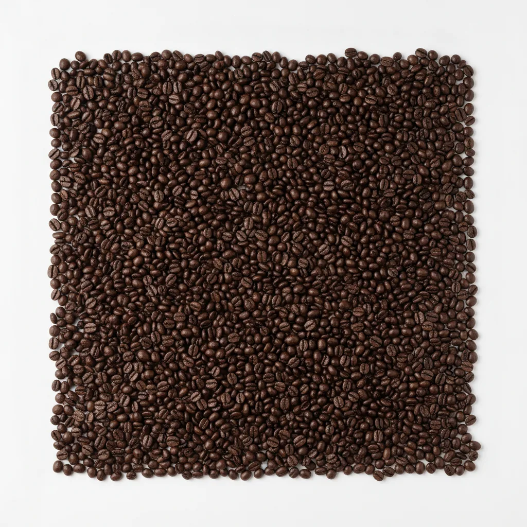 Top-down specimen shot of dark-roast Kerinci coffee beans on a neutral seamless background, bright even light, true high-key color