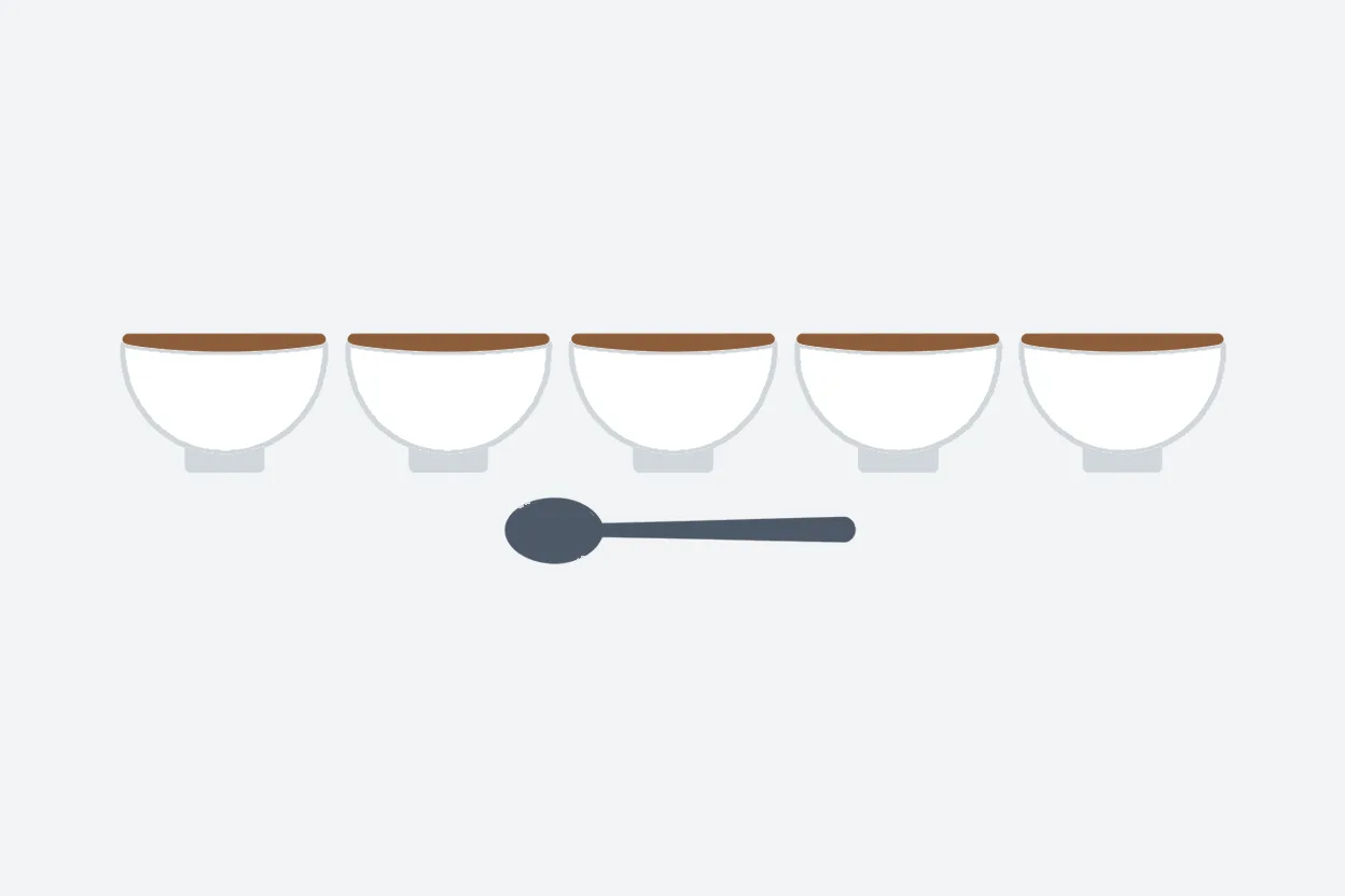Flat illustration of five identical cupping bowls in a row with one spoon laid across the front