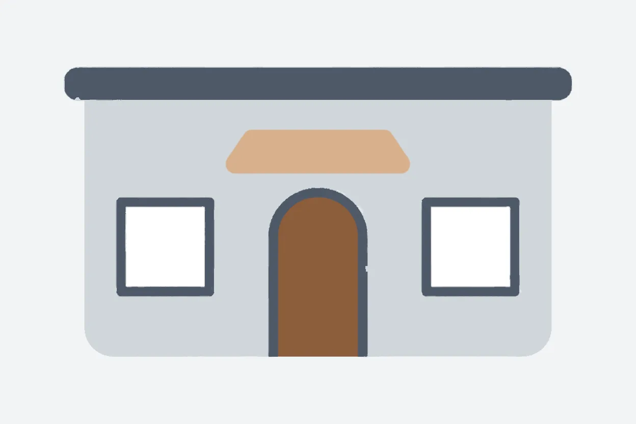 Flat illustration of a small roastery facade with a rounded doorway, a window and an awning