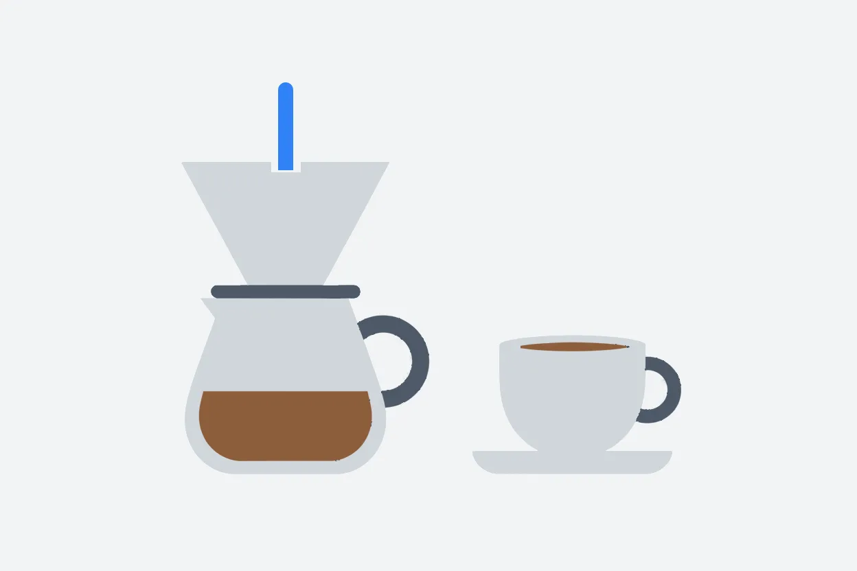 Flat illustration of a pour-over cone on a carafe beside a small espresso cup