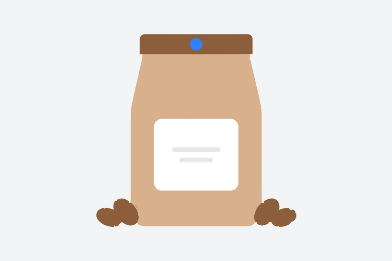 Flat illustration of a kraft coffee bag with a plain label and three beans at its base