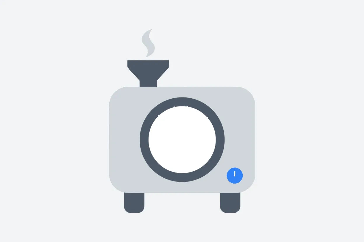 Flat illustration of a drum roaster drawn from a circle, a rounded body and a hopper