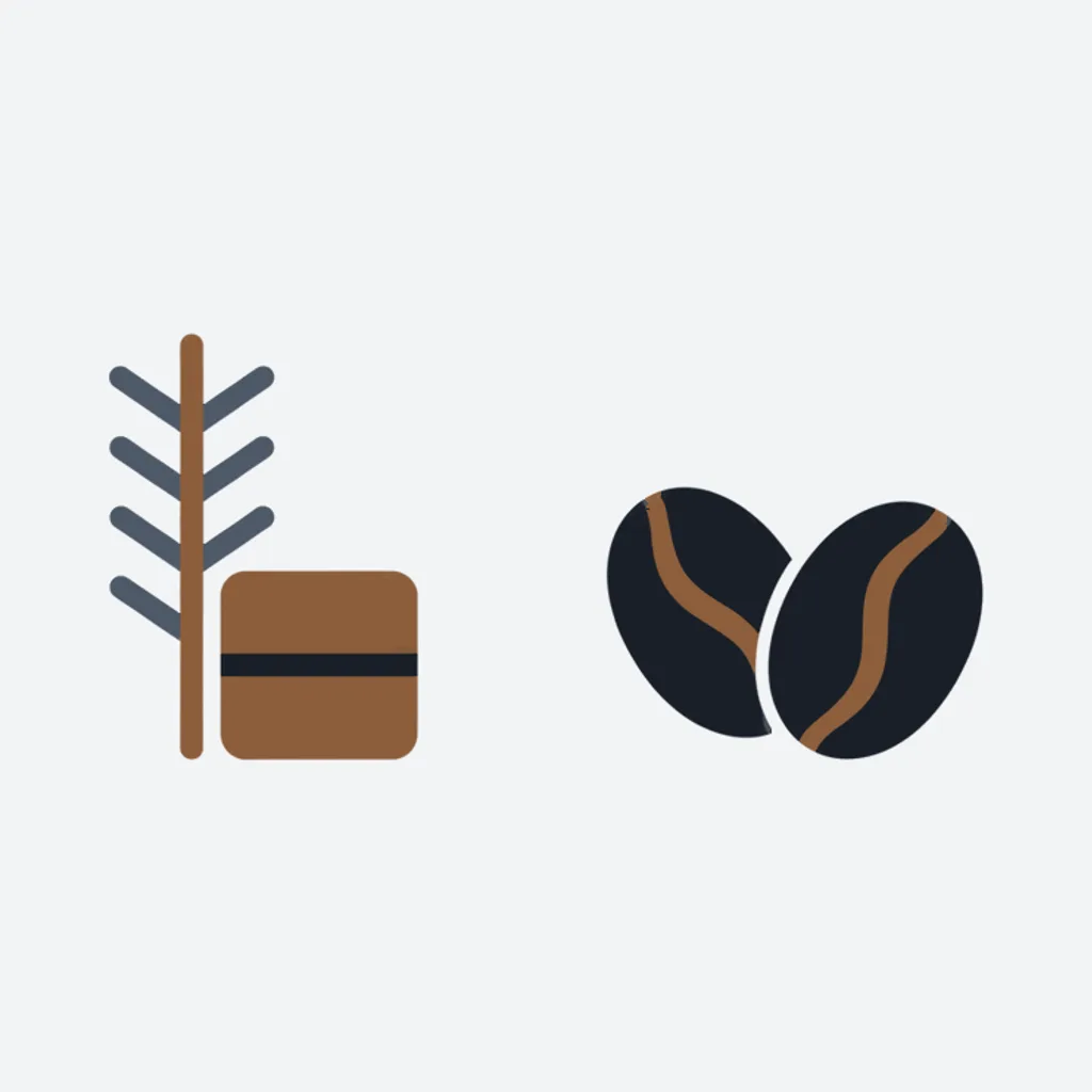 Flat illustration of a cedar sprig and a chocolate square beside two dark coffee beans