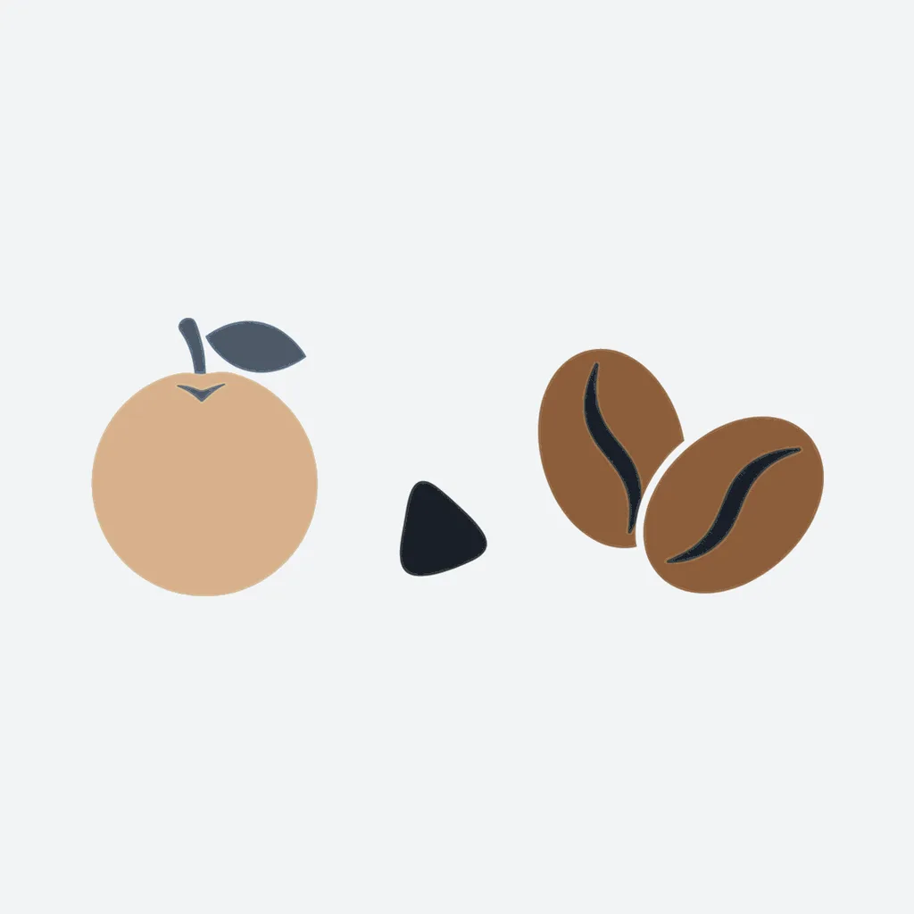 Flat illustration of a plum and a cocoa nib beside two mid-brown coffee beans