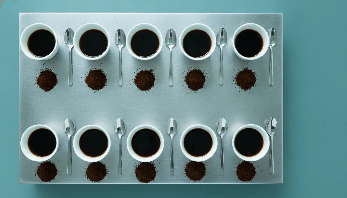 The cupping table seen from directly above: white bowls and steel spoons in a rigid grid.