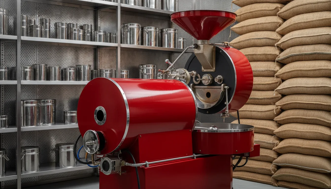 The roastery interior: the red drum roaster, a steel bench and stacked sacks of green coffee.