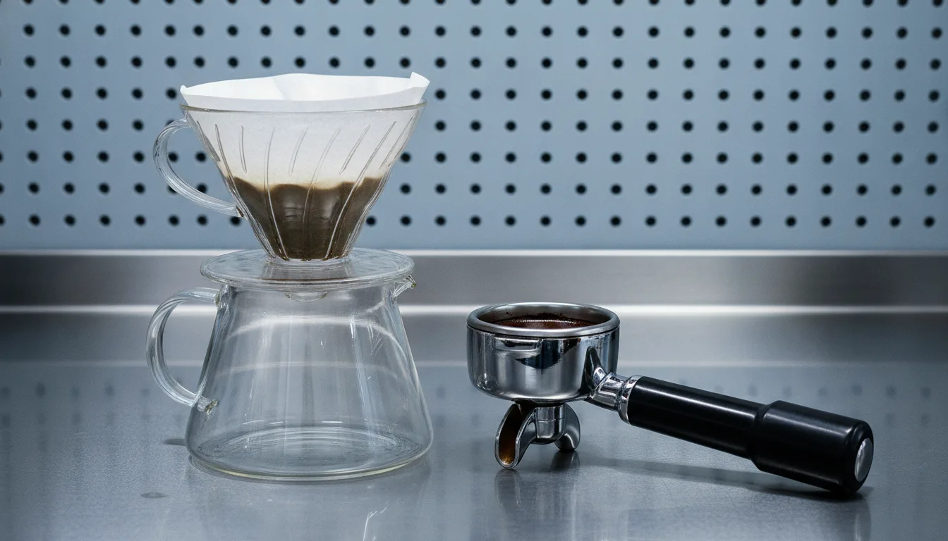 A glass pour-over cone and a chrome portafilter side by side on a steel bench.