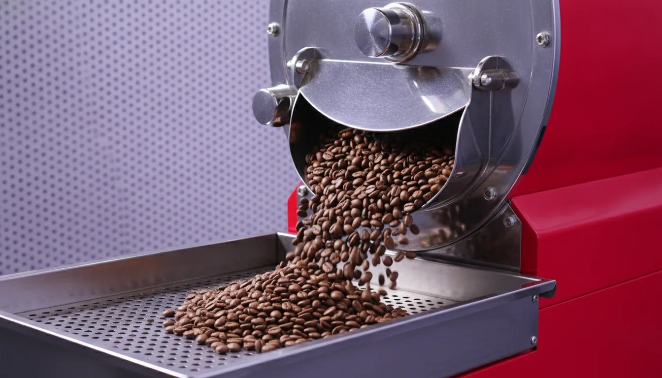 Roasted beans pouring out of a chrome drum chute onto a perforated steel cooling tray.