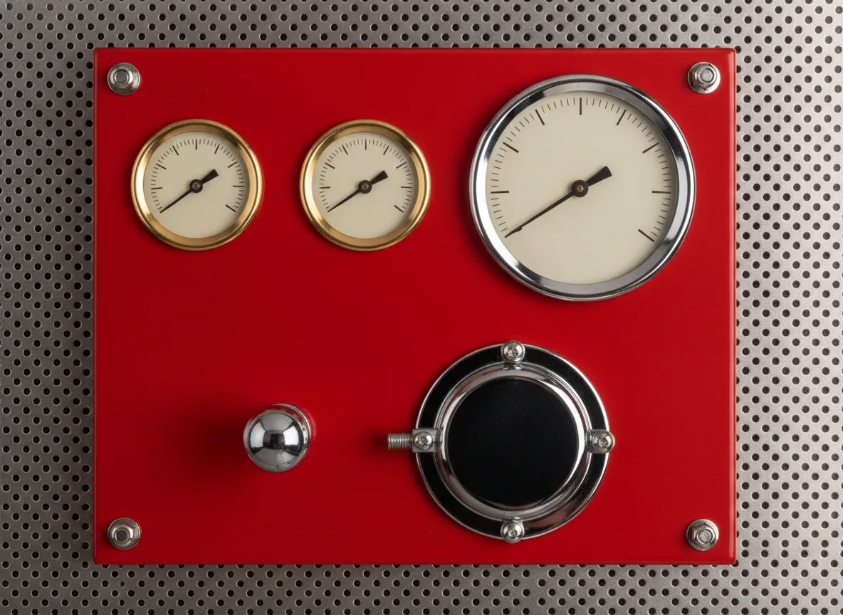 The control faceplate of the drum roaster: gauges, a batch thermometer and the drum door.