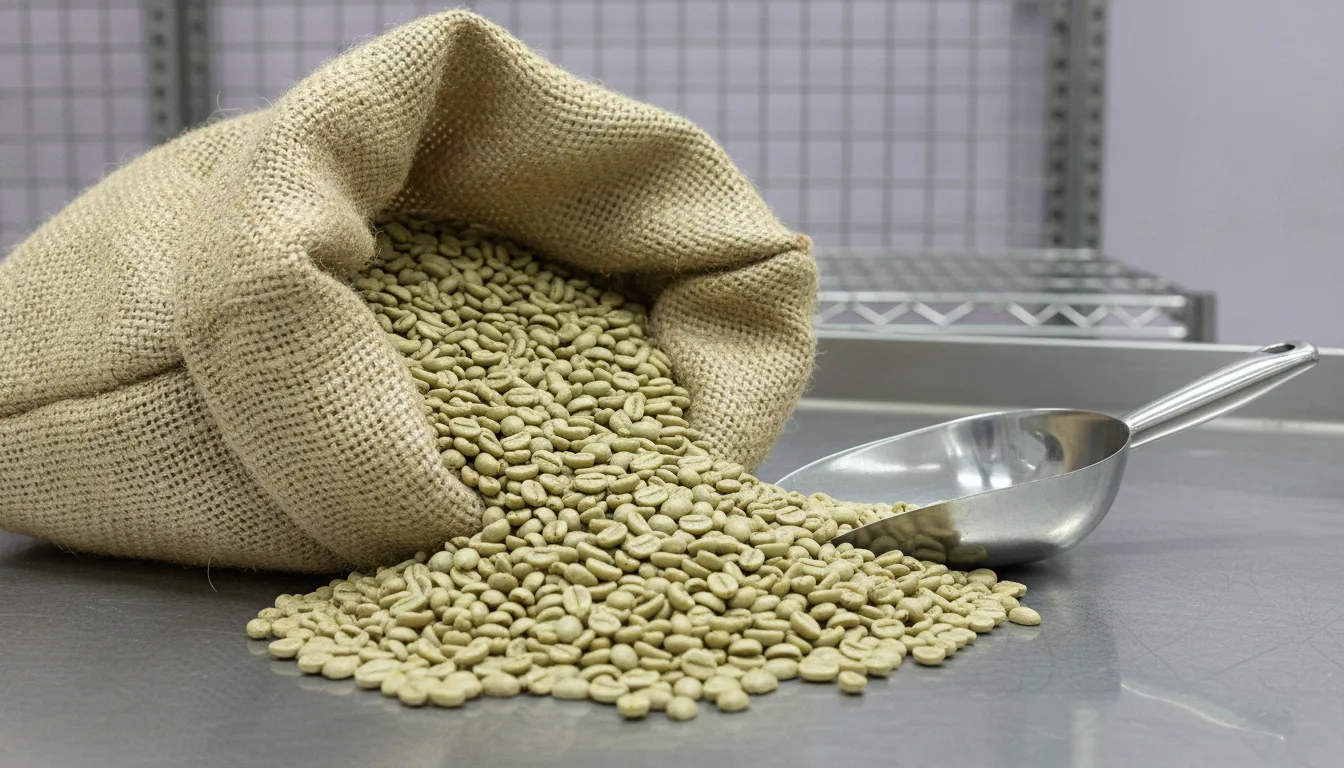 An open burlap sack of raw green coffee on a steel workshop bench.