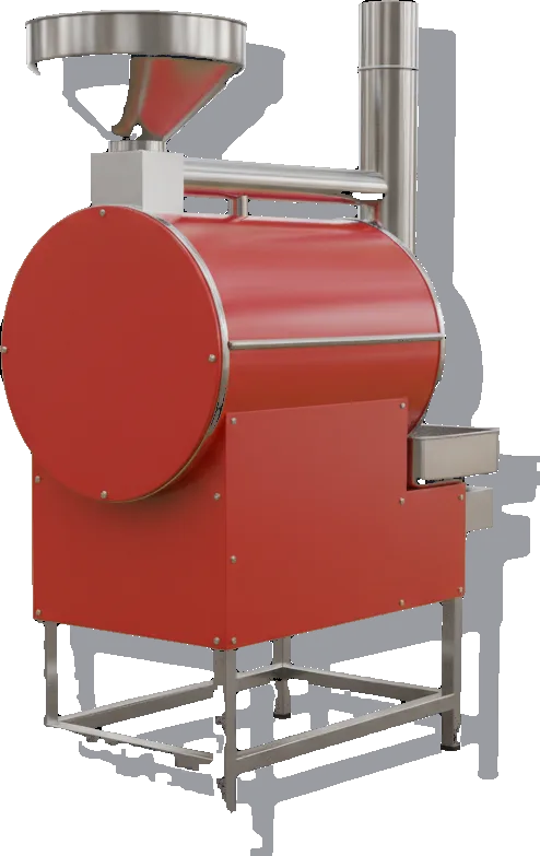 A red-enamel drum roaster with a chrome hopper, frame and cooling tray.