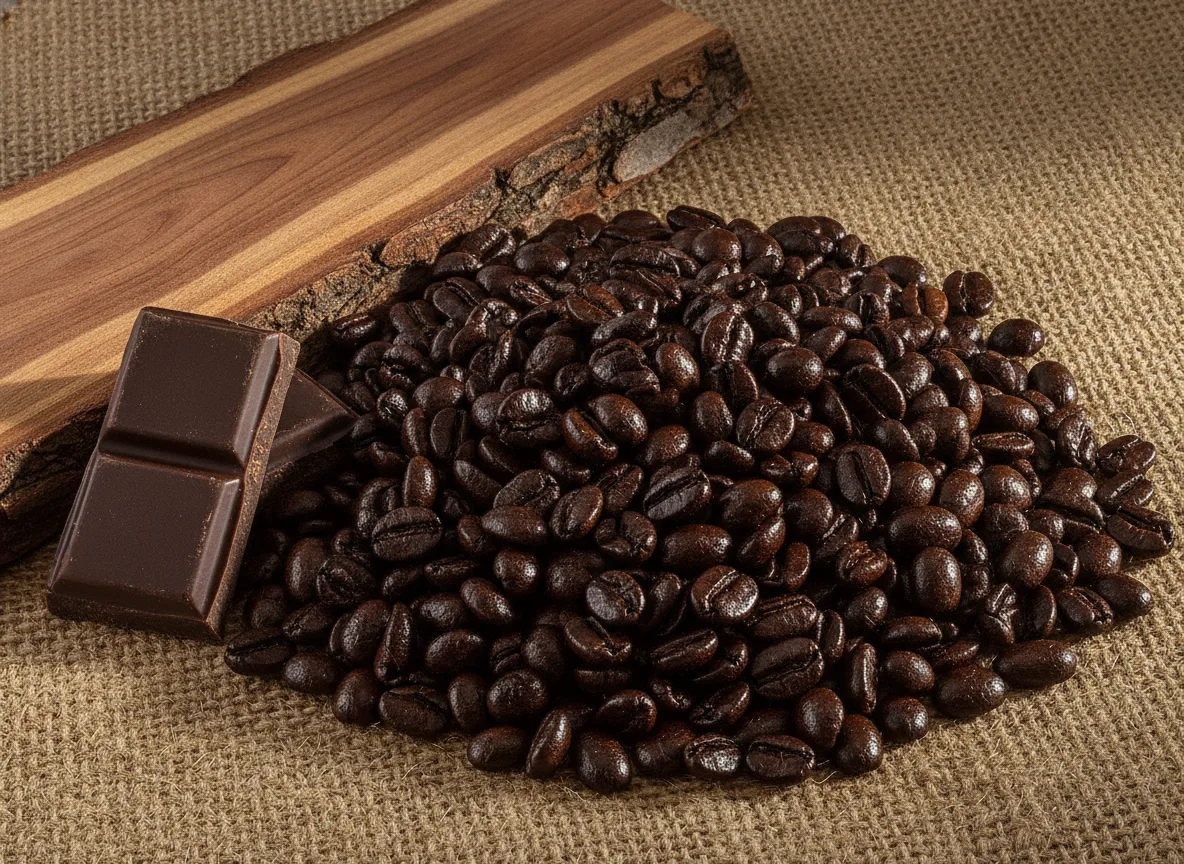 Dark, oily near-black beans heaped on a coarse woven mat.