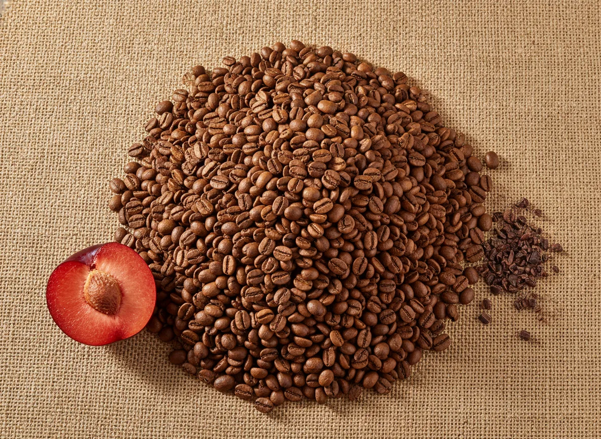 Caramel-brown medium-roast beans heaped on a coarse burlap weave.
