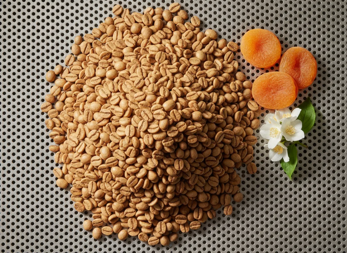 Pale light-roast beans heaped on a bright perforated steel backdrop.