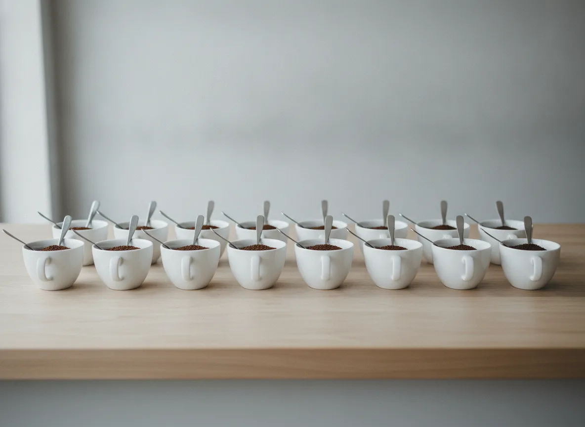 A Saturday cupping table with a still row of identical cups and spoons lined up on the counter under even daylight