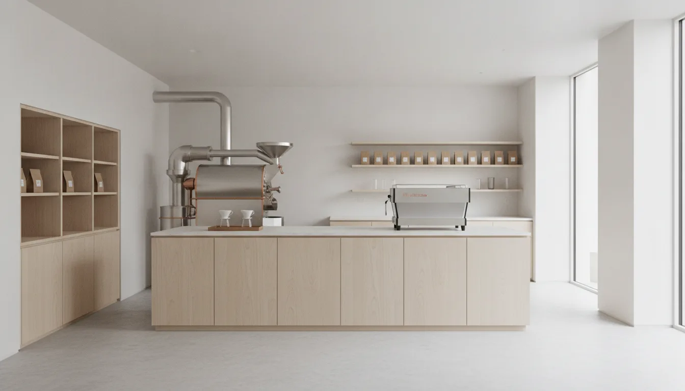 The interior of the First Crack roastery and cafe, an architectural people-free room lit by even daylight