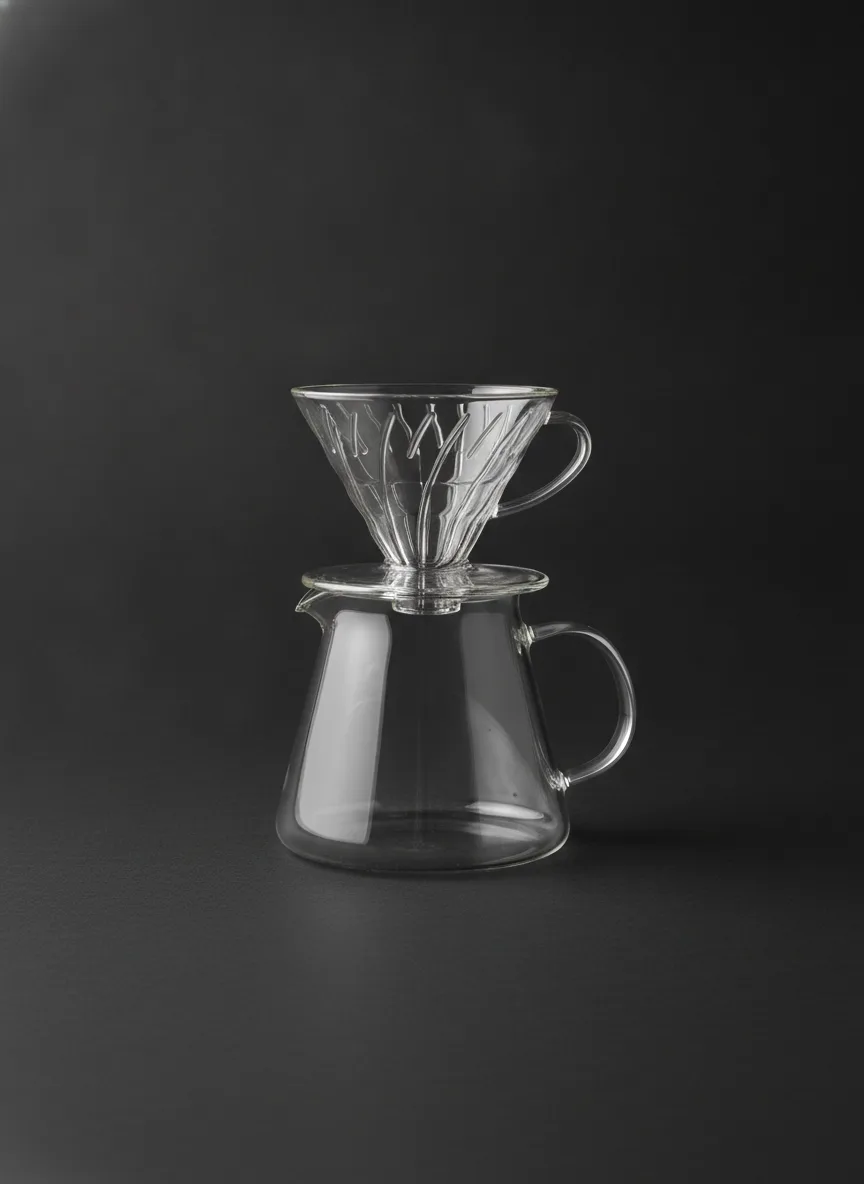 A clean glass pour-over dripper set over a carafe, resting on a dark surface under even studio light
