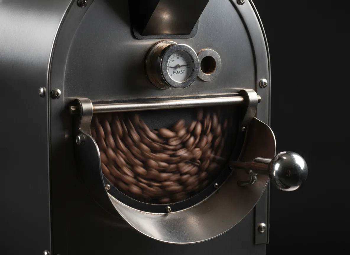 A drum coffee roaster mid-roast, beans tumbling in the drum, shot cleanly against a dark editorial background