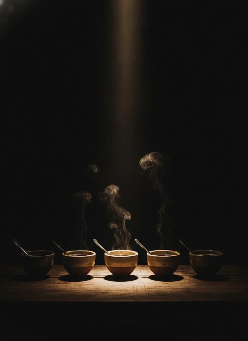 A cupping spoon and bowls under a spotlight in a dark room, steam catching the single warm light