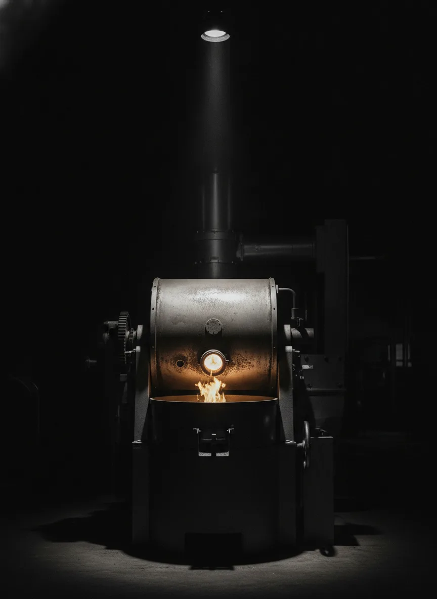 The drum roaster under a hard spotlight on black, gold flame-glow at the drum mouth, deep shadow surround