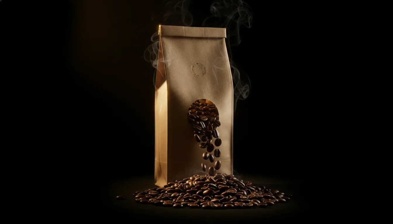 A First Crack coffee bag and a cascade of roasted beans emerging from pure black under a single gold rim-light