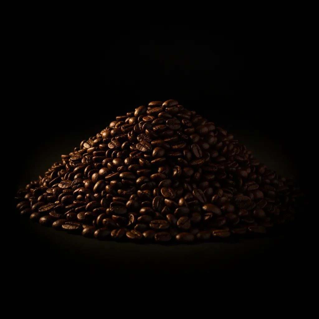 Dark-roast Kerinci beans with an oily sheen emerging from the deepest shadow on black