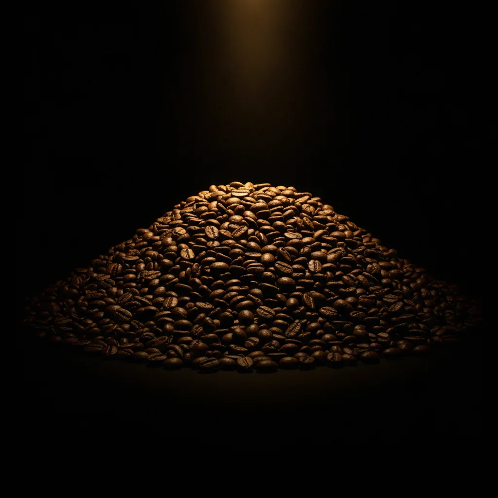 Medium-roast San Agustin beans staged like a spotlighted reveal on black, warm gold rim-light along the edge