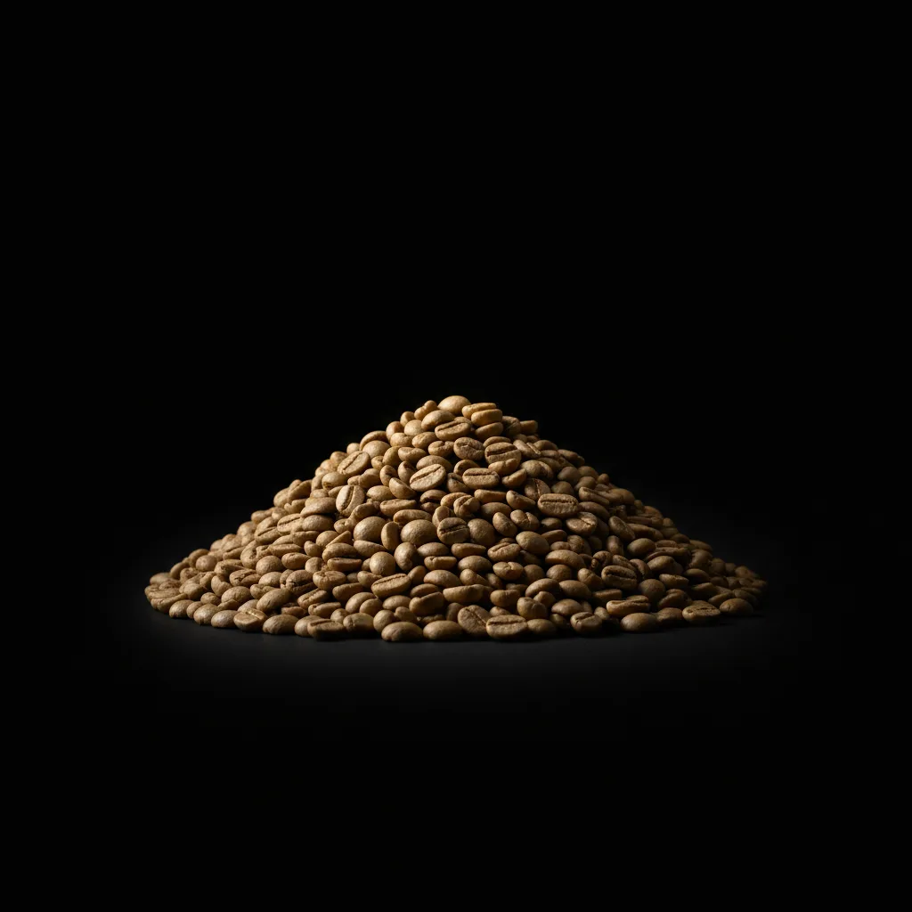 Light-roast Yirgacheffe beans in a high-contrast studio shot on black, cool low-key light catching a pale bean sheen