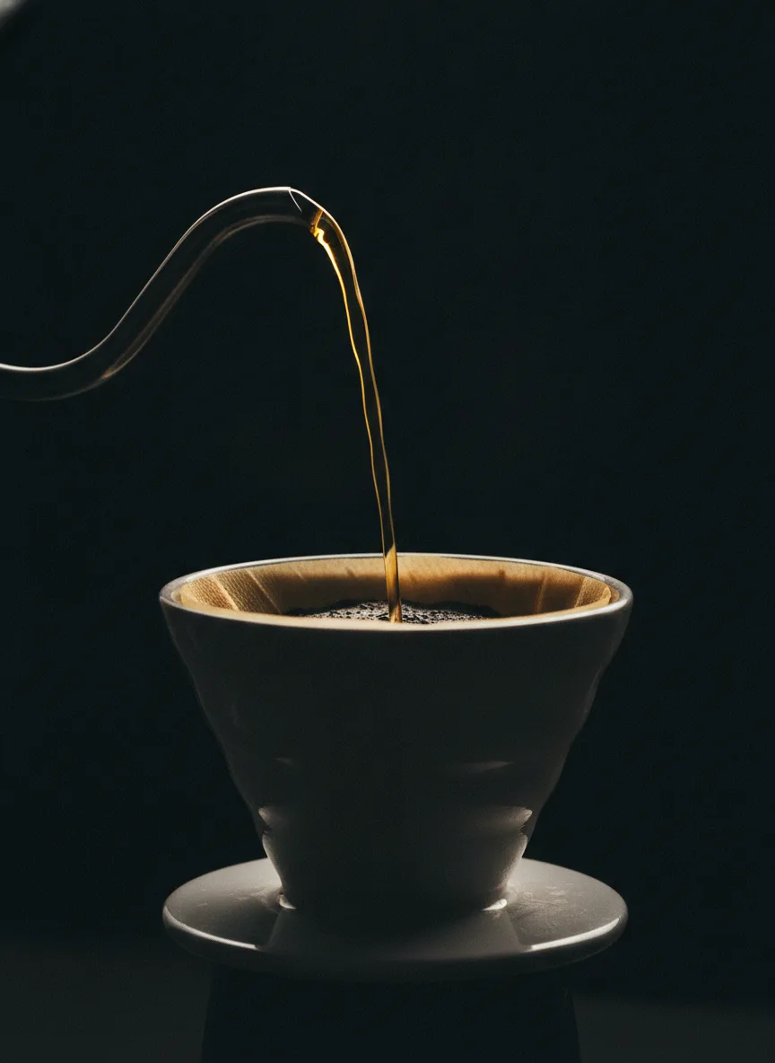 A pour-over mid-pour in a dark scene, a gold-lit water stream and steam rising against black