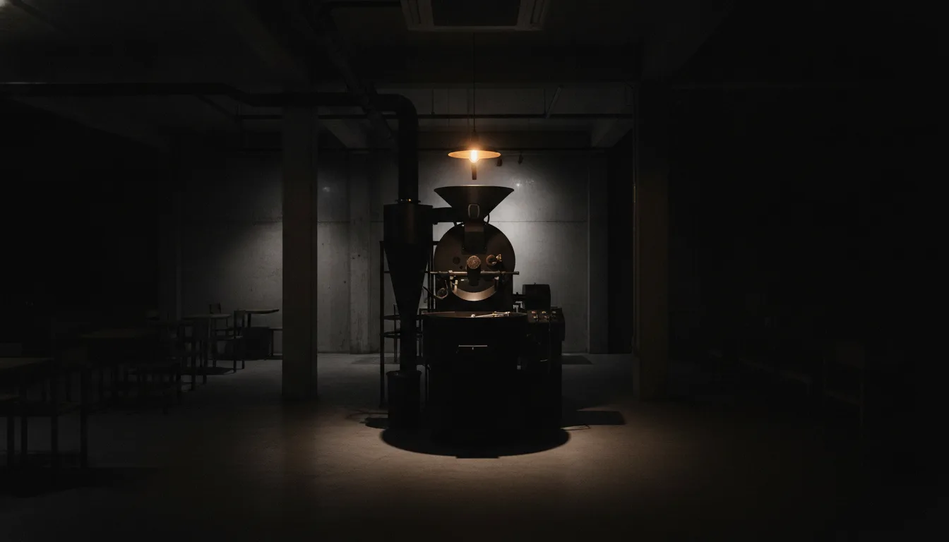 The 412 Foundry Lane roastery and cafe at night, industrial and low-key, lit by a single warm source against black