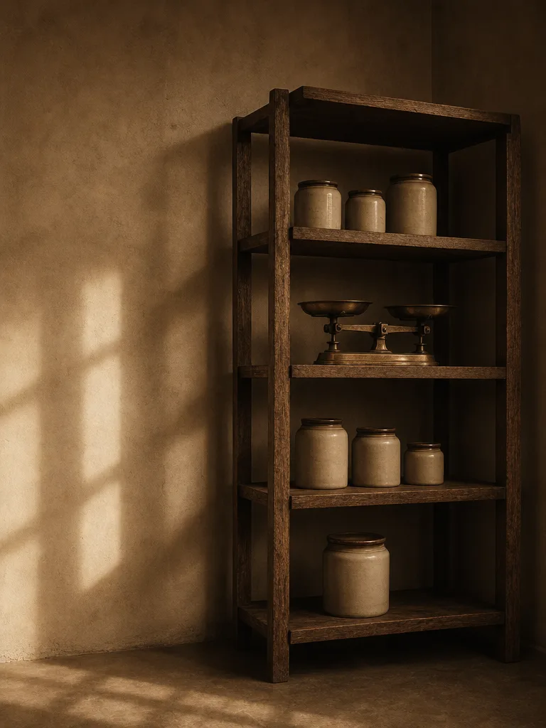 A quiet roastery corner: timber shelving with unlabeled ceramic jars and a brass scale in warm window light.